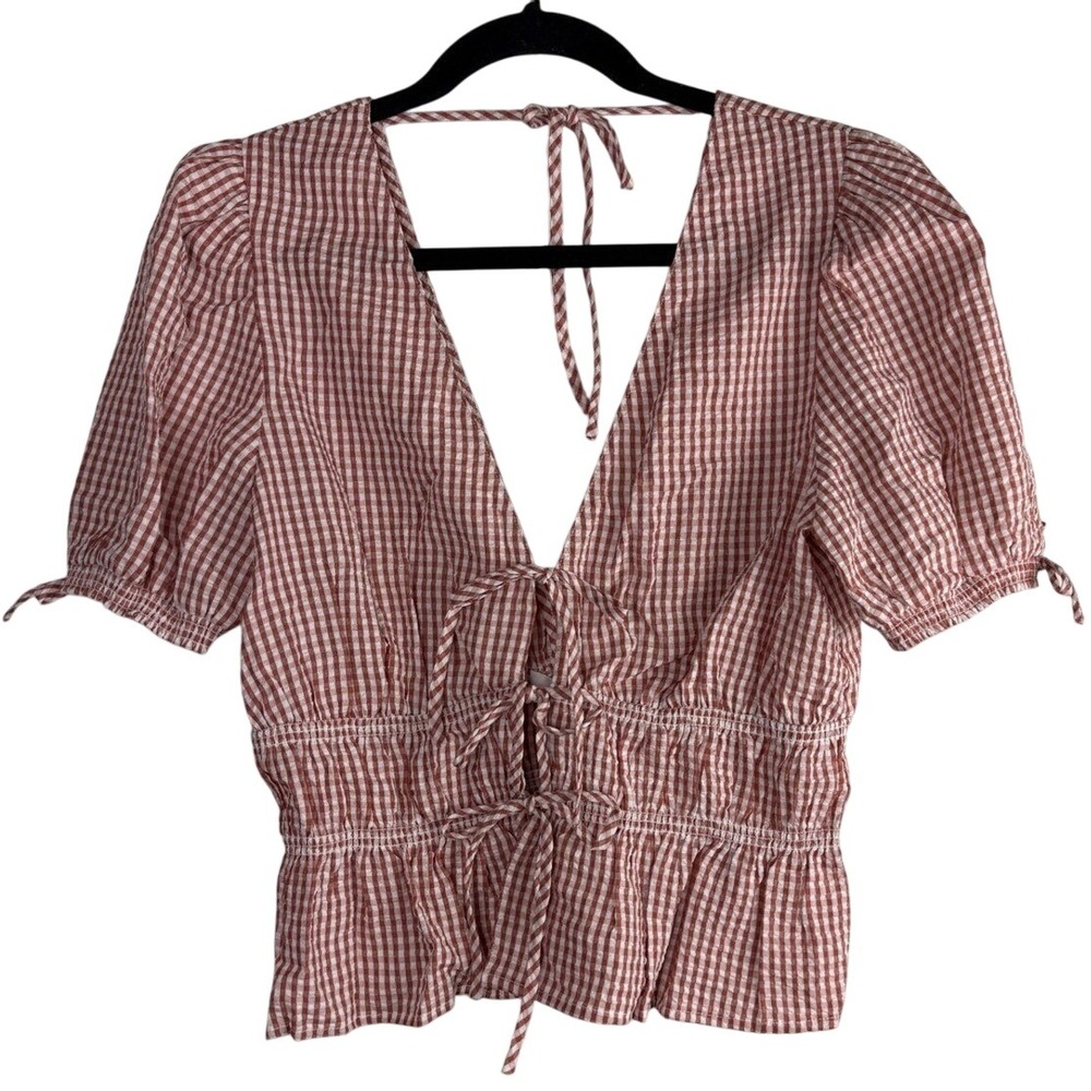 WAYF x Styled by COCO Gingham Seersucker Nina Tie Front Top Coquette NWT S